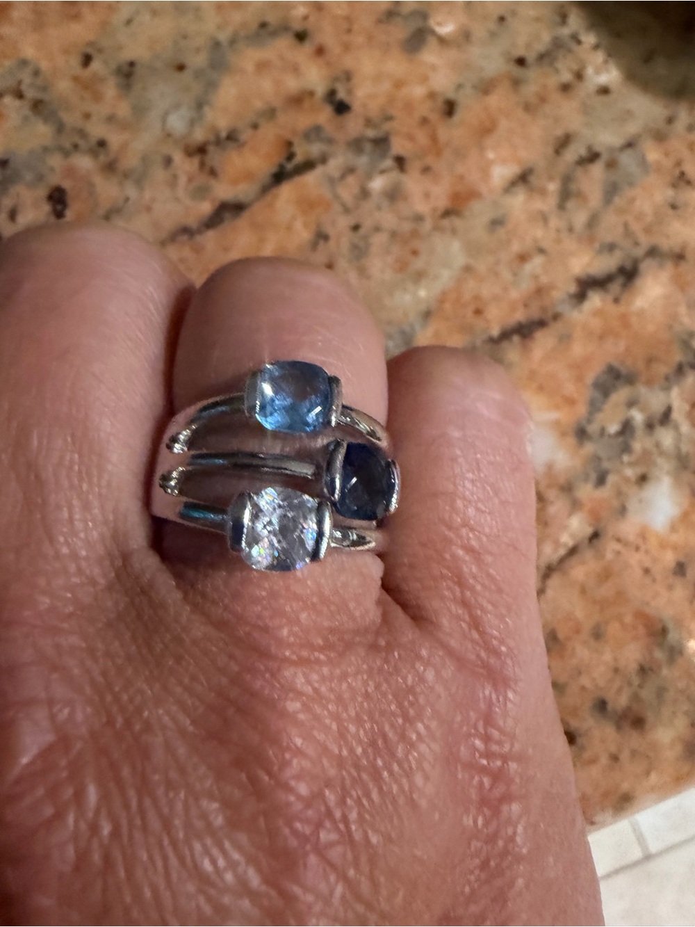 Silver Triple-Stone Blue and Clear Ring